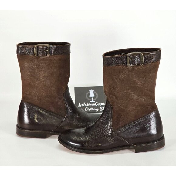NWOB FRYE Women's Brown Leather/Canvas Shaft Buckle Ankle Boots Size 5.5 1888 - Picture 10 of 14